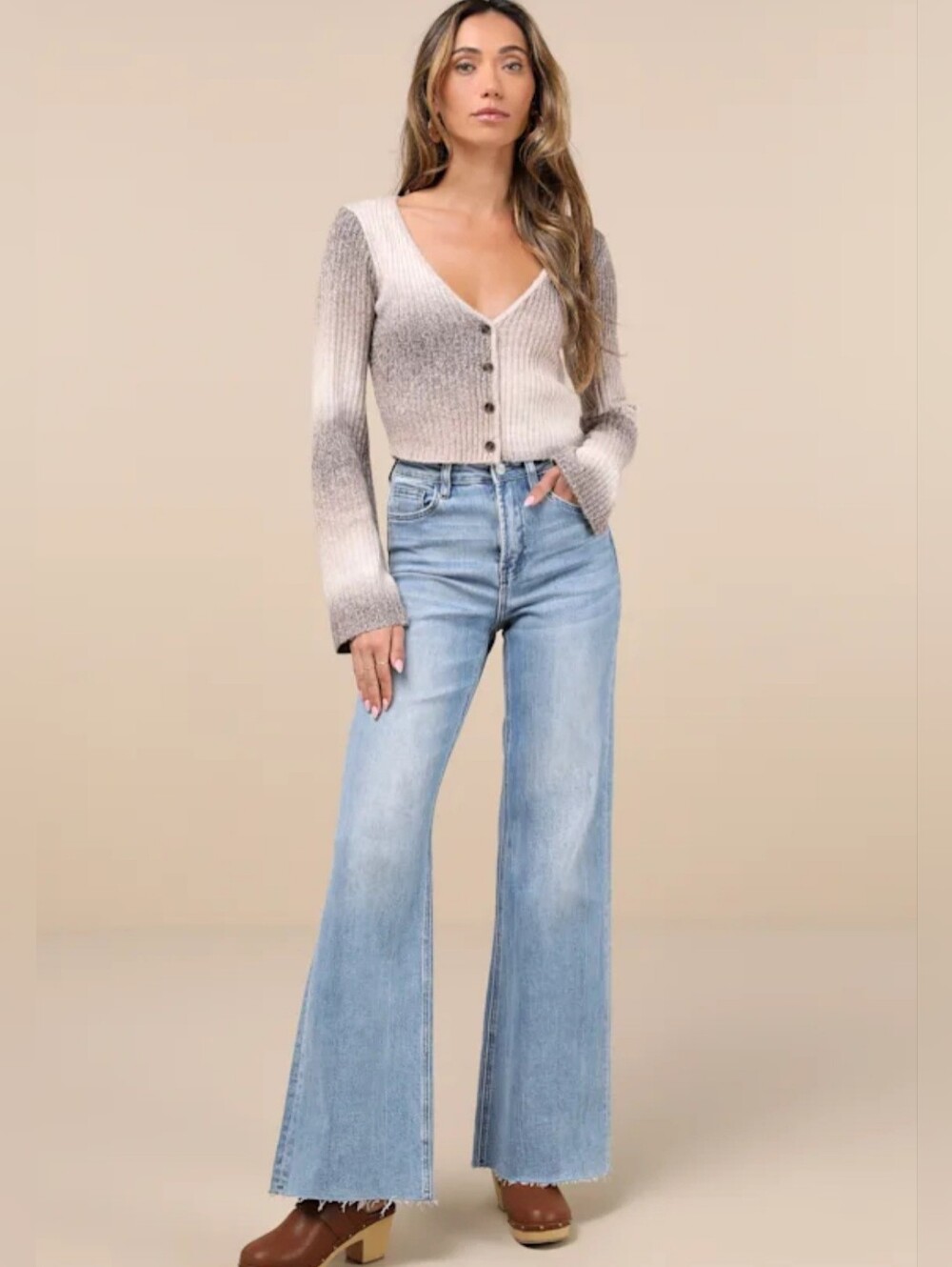 Elevated Forecast Taupe Ombre Cropped Flare Sleeve Cardigan